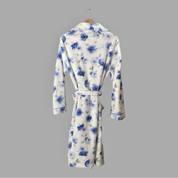 Fleece House Coat, Blue/White, Floral, Sz L, Knee Length, NWOT - Picture 4 of 5